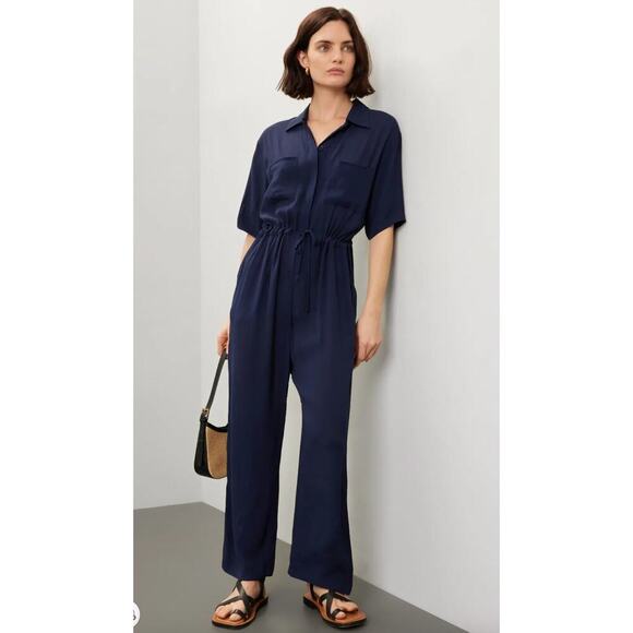 Thakoon Pants - Thakoon Navy Crepe Short Sleeve Jumpsuit SZ 8 Missing Belt